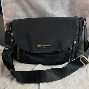 Karl Lagerfeld  Paris Black  Cara Messenger Crossbody Bag with Gold Accents